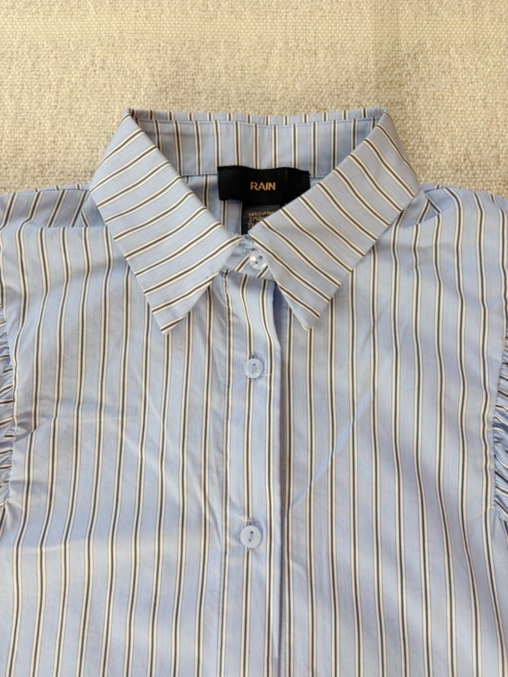 RAIN Striped Light Blue Puff Sleeve Button-Up Blouse - Picture 3 of 5